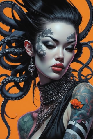 oversized monarch butterflies, goldfish, (((black and white striped octopus wrapping around the ladies neck))) , Horror Comics style, art by brom, tattoo by ed hardy, shaved hair, neck tattoos by andy warhol, heavily muscled, biceps, glam gore, horror, poster style, underwater picture , Angel fish, 
