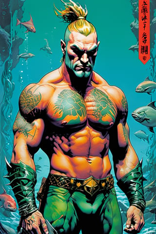 Aquaman , Horror Comics style, art by brom, tattoo by ed hardy, shaved hair, neck tattoos andy warhol, heavily muscled, biceps,glam gore, horror, demonic, hell visions, demonic women, military poster style, asian art, chequer board