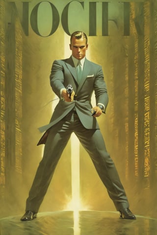 art by Masamune Shirow, art by J.C. Leyendecker, art by boris vallejo, a masterpiece, stunning beauty, hyper-realistic oil painting, vibrant colors, a James Bond type character, dark chiarascuro lighting, aiming a Luger pistol at the viewer, fighting bad guys, driving an Aston Martin, a telephoto shot, 1000mm lens, f2,8,vertical lines of green matrix code