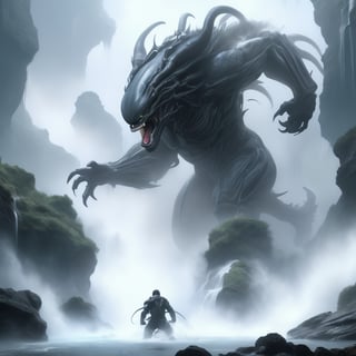 an alien xenomorph launches itself at a nearby victim, a giant bear,  motion blur, river scene,  splashing waterf, splashes, cliff, waterfalls, distant water mist and haze, cinematic wide shot,