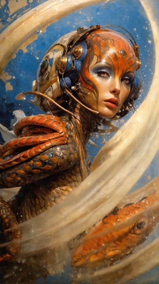 art by Masamune Shirow, art by J.C. Leyendecker, art by simon bisley, art by ralph steadman, a masterpiece, stunning beauty, hyper-realistic oil painting, star wars alien creatures, a portrait picture, incredible detail, fantasy portrait, alien skin, breathing apparatus, fish like skin, eel like noses, blue graffiti background,