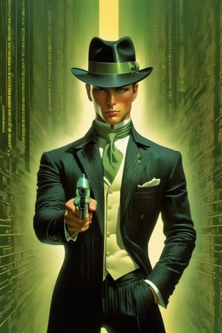 art by Masamune Shirow, art by J.C. Leyendecker, art by boris vallejo, a masterpiece, stunning beauty, hyper-realistic oil painting, vibrant colors, a James Bond type character, dark chiarascuro lighting, aiming a Luger pistol at the viewer, fighting bad guys, driving an Aston Martin, a telephoto shot, 1000mm lens, f2,8,vertical lines of green matrix code