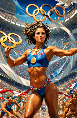 olympic carving by michelangelo, art by simon bisley, art by Boris Vallejo , a masterpiece, stunning beauty, hyper-realistic movie poster, 8k, olympic stadium athletes, bronze medal, silver medal, gold medal, olympic rings, a british olympic athlete,  a telephoto portrait picture, background blurred, incredible detail, fantasy portrait, smooth skin, kaleidoscope graffiti background, artint, frutiger, An Olympic athlete stands triumphantly, gold medal held aloft in one hand.  The artwork is a masterpiece, boasting incredible detail and a sense of depth that pulls the viewer in.