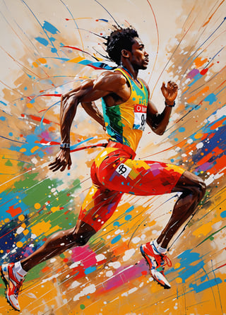 art by leRoy Neiman, colours by LeRoy Neiman,  abstract realism, a masterpiece, olympic track athlete, track and field sprint event ,wearing country of origin uniform, incredible detail, close up mid shot, an abstract oil painting, vibrant colours, abstract graffiti background, 