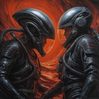 battle between enemies at night, two full moons in the sky, xenomorph, moonlight, intense shadows, dripping blood and sweat, drooling, mess, fighting with military astronauts in red spacesuits, oil portrait, work by H.R. Giger, masterpiece, hyperrealistic oil painting, 18 mm wide angle lens, f2. 8, motion blur for one full second, intense glare, dark shadows, hyperrealistic, masterpiece, 8k,