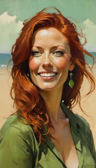 an oil painting, a masterpiece, art by michael carson, a red haired woman, staring at the viewer, green eyes, a happy smile, wind blown hair, 