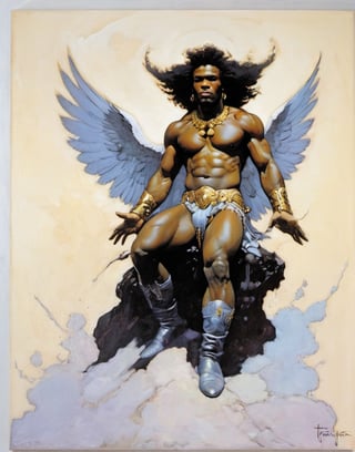 an oil painting, a masterpiece, a black male angel, wings spread,  art by TavitaNiko, art by mel odom, art by Klimt , art by brom, art by Warhol, art by frazetta, 