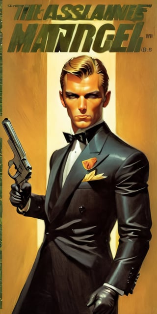 art by Masamune Shirow, art by J.C. Leyendecker, art by boris vallejo, a masterpiece, stunning beauty, hyper-realistic oil painting, vibrant colors, a James Bond type character, dark chiarascuro lighting, aiming a Luger pistol at the viewer, holding the Luger pistol in his right hand,  fighting bad guys, driving an Aston Martin, a telephoto shot, 1000mm lens, f2,8,vertical lines of green matrix code