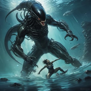 an alien xenomorph launches itself at a nearby victim, black shiny carapace, drool, motion blur, underwater scene 