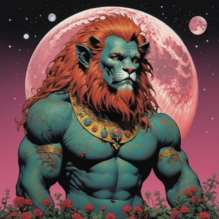 the cowardly lion from the wizard of oz, blood moon, Horror Comics style, art by brom, tattoo by ed hardy, shaved hair, neck tattoos by andy warhol, heavily muscled, biceps, glam gore, horror, poster style, flower garden, space constellation, ,art_booster