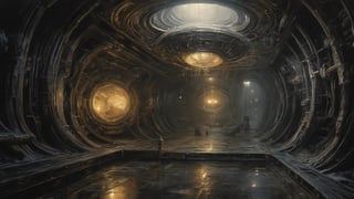 a oil painting wide shot, art by hr giger, a masterpiece, hyper-realistic oil painting, an engineer, low lighting, intense shadows, dripping blood and sweat, messed up, on a spaceship set, dark, blinking lights, dimly lit, wet, water, eerie, 