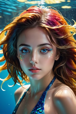 In the shimmering depths of the ocean abyss, an attractive young sea nymph glides effortlessly. Dressed in a form-fitting bikini that mirrors the colors of the sea, she moves with grace and allure. Her eyes, with a sly glint, suggest mysteries untold. The underwater world around her is alive with corals, sea creatures, and dappled sunlight filtering through the water's surface. Capture a full-body view from head to toe of this mesmerizing sea nymph, emphasizing the fluidity of her movements and the intricate details of her surroundings, barefoot, hands detailed, full body, perfect body, seductively pose, extremely charming, alluring scene, mysterious ancient fantasy world, cinematic photography, captured with professional DSLR camera, octane render, studio photo, 32k, ultra detailed, ultra sharp focus, golden ratio, 50 multicoloured different aquarium fish swimming around her face, ultra wide shot,a girl formed of colored glaze,IncrsXLRanni,perfecteyes