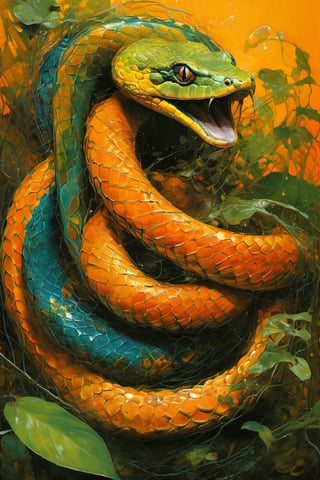  art by simon bisley, art by Brom, art by ralph steadman, art by gustav klimt, a slithering poisonous snake in a tropical jungle, resplendant in colour and intricate detail,  a masterpiece, realistic,  The artwork is a masterpiece, boasting incredible detail and a sense of depth that pulls the viewer in.