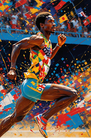 art by leRoy Neiman, colours by LeRoy Neiman,  abstract realism, a masterpiece, olympic track athlete, track and field sprint event ,wearing country of origin uniform, country of origin flags, gold medals, incredible detail, close up mid shot, an abstract oil painting, vibrant colours, abstract graffiti background, 