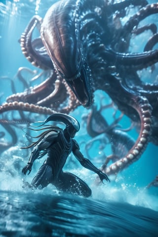 an alien xenomorph launches itself at a nearby victim, a giant octopus, motion blur, underwater scene, cinematic wide shot,