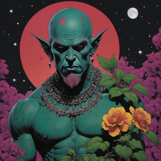 toto the wizard of oz, blood moon, Horror Comics style, art by brom, tattoo by ed hardy, shaved hair, neck tattoos by andy warhol, heavily muscled, biceps, glam gore, horror, poster style, flower garden, space constellation, ,art_booster