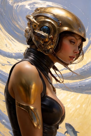 art by Masamune Shirow, art by J.C. Leyendecker, art by simon bisley, art by ralph steadman, a masterpiece, stunning beauty, hyper-realistic oil painting, star wars alien creatures, a portrait picture, incredible detail, fantasy portrait, alien skin, breathing apparatus, fish like skin, eel like noses, gold graffiti background, mouth closed, 