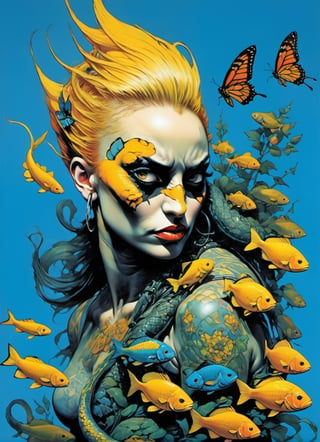 yellow snake with many baby yellow snakes, Horror Comics style, art by brom, tattoo by ed hardy, shaved hair, neck tattoos andy warhol, heavily muscled, biceps,glam gore, horror, blue bear, demonic, hell visions, demonic women, military poster style, chequer board, vogue snake portrait, Horror Comics style, art by brom, smiling, lennon sun glasses, punk hairdo, tattoo by ed hardy, shaved hair, neck tattoos by andy warhol, heavily muscled, biceps, glam gore, horror, poster style, flower garden, oversized monarch butterflies, tropical fish, flower garden,