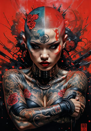 hell poster, manga style, an oil painting, a masterpiece, art by TavitaNiko, art by Vallejo, art by Klimt , art by giger, tattoo by ed hardy, shaved hair, neck tattoos andy warhol, heavily muscled, biceps,glam gore, horror, demonic, hell visions, demonic women, military poster style, asian art, chequer board,