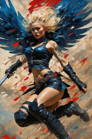 heaven poster, a warrior women, hair is wind blown, huge wings on her back, dramatic blue sky and angry lightening clouds behind her, long battle sword in her right hand, blood dripping from the sword, manga style, an oil painting, a masterpiece, art by TavitaNiko, art by Vallejo, art by Klimt , art by brom, tattoo by ed hardy, shaved hair, neck tattoos andy warhol, heavily muscled, biceps,glam gore, horror, demonic, hell visions, demonic women, military poster style, asian art, chequer board,