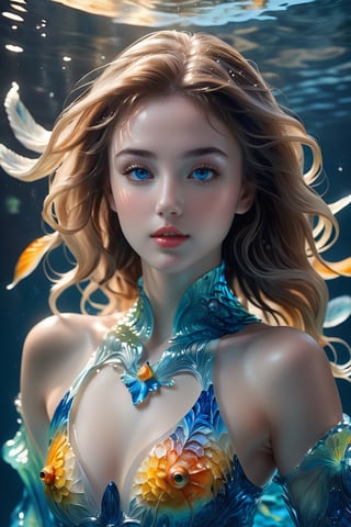 In the shimmering depths of the ocean abyss, an attractive young sea nymph glides effortlessly. Dressed in a form-fitting bikini that mirrors the colors of the sea, she moves with grace and allure. Her eyes, with a sly glint, suggest mysteries untold. The underwater world around her is alive with corals, sea creatures, and dappled sunlight filtering through the water's surface. Capture a full-body view from head to toe of this mesmerizing sea nymph, emphasizing the fluidity of her movements and the intricate details of her surroundings, barefoot, hands detailed, full body, perfect body, seductively pose, extremely charming, alluring scene, mysterious ancient fantasy world, cinematic photography, captured with professional DSLR camera, octane render, studio photo, 32k, ultra detailed, ultra sharp focus, golden ratio, 50 multicoloured different aquarium fish swimming around her face, ultra wide shot,a girl formed of colored glaze