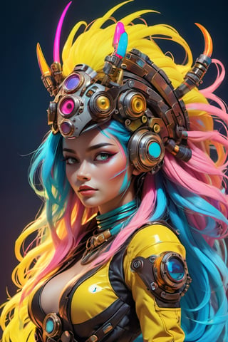 a masterpiece, stunning beauty, perfect face, epic love, Slave to the machine, full-body, hyper-realistic oil painting, vibrant colors, Body horror, wires, , native american war bonnet, a rusty and silver spotted steampunk spacesuit, women looking directly out to viewer, wry smile on her face, neon face with multiple coloured circuits on it, full face visor translucent dirty yellow colour, in the style of futuristic space, glamour, Steam punk steam punk animated gifs, xenomorph lookalike adornments, gun in hand, algorithmic artistry, frank frazetta style, perfect makeup, boris vallejo, pop art consumer culture, plain neon steampunk background, full figure pose, dripping paint, Leonardo Style, blacklight makeup, oni style,