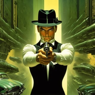 art by Masamune Shirow, art by J.C. Leyendecker, art by boris vallejo, a masterpiece, stunning beauty, hyper-realistic oil painting, vibrant colors, a James Bond type character, dark chiarascuro lighting, aiming a Luger pistol at the viewer, fighting bad guys, driving an Aston Martin, a telephoto shot, 1000mm lens, f2,8,vertical lines of green matrix code