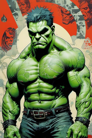 The hulk , Horror Comics style, art by brom, tattoo by ed hardy, shaved hair, neck tattoos andy warhol, heavily muscled, biceps,glam gore, horror, demonic, hell visions, demonic women, military poster style, asian art, chequer board