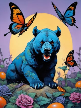 Blue bear with many baby bears, Horror Comics style, art by brom, tattoo by ed hardy, shaved hair, neck tattoos andy warhol, heavily muscled, biceps,glam gore, horror, blue bear, demonic, hell visions, demonic women, military poster style, chequer board, vogue bear portrait, Horror Comics style, art by brom, smiling, lennon sun glasses, punk hairdo, tattoo by ed hardy, shaved hair, neck tattoos by andy warhol, heavily muscled, biceps, glam gore, horror, poster style, flower garden, Easter eggs, coloured foil, oversized monarch butterflies, tropical fish, flower garden,