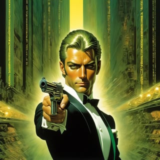 art by Masamune Shirow, art by J.C. Leyendecker, art by boris vallejo, a masterpiece, stunning beauty, hyper-realistic oil painting, vibrant colors, a James Bond type character, dark chiarascuro lighting, aiming a Luger pistol at the viewer, fighting bad guys, driving an Aston Martin, a telephoto shot, 1000mm lens, f2,8,vertical lines of green matrix code