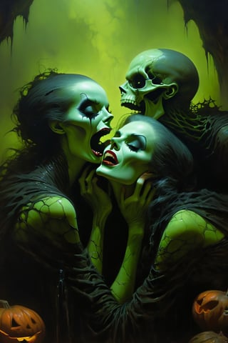 kiss make up, pink tongue out all the way, Modern art style on the theme of psychological fear in the style of gerald brom, light green nature ratio, fantasy horror art, photorealistic dark concept art, in style of dark fantasy art, lich vecna (d&d), detailed 4k horror artwork, Movie Still, an nude old woman has the colours of a pumpkin,  withering,  rotten,  staring froma dark cave,  spider webs,  scary wild tired eyes,  smelling of death,  scaring kids,  rotten teeth,  horror,  dark,  creepy,  black,  green,  wet,  cold and wild, ,HellAI