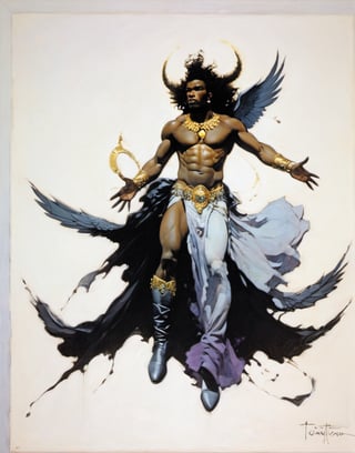 an oil painting, a masterpiece, a black male angel, wings spread,  art by TavitaNiko, art by mel odom, art by Klimt , art by brom, art by Warhol, art by frazetta, 