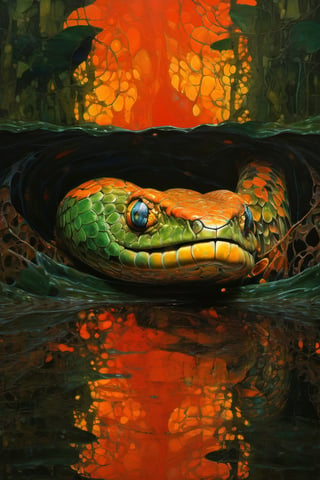  art by simon bisley, art by Brom, art by ralph steadman, art by gustav klimt, a slithering poisonous snake in a tropical jungle, resplendant in colour and intricate detail,  a masterpiece, realistic,  The artwork is a masterpiece, boasting incredible detail and a sense of depth that pulls the viewer in.