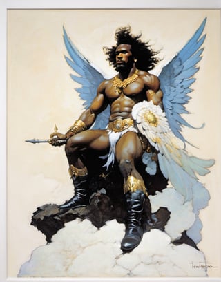 an oil painting, a masterpiece, a black male angel, wings spread,  art by TavitaNiko, art by mel odom, art by Klimt , art by brom, art by Warhol, art by frazetta, 