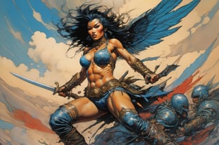 heaven poster, a warrior women, hair is wind blown, huge wings on her back, dramatic blue sky and angry lightening clouds behind her, long battle sword in her right hand, blood dripping from the sword, manga style, an oil painting, a masterpiece, art by TavitaNiko, art by Vallejo, art by Klimt , art by brom, tattoo by ed hardy, shaved hair, neck tattoos andy warhol, heavily muscled, biceps,glam gore, horror, demonic, hell visions, demonic women, military poster style, asian art, chequer board,