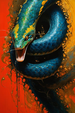  art by simon bisley, art by Brom, art by ralph steadman, art by gustav klimt, a slithering poisonous snake in a tropical jungle, resplendant in colour and intricate detail,  a masterpiece, realistic,  The artwork is a masterpiece, boasting incredible detail and a sense of depth that pulls the viewer in.