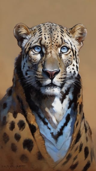 An leopard like creature, black and white leopard spots with zebra stripes on its face, pale blue eyes, it wears a desert cape, fr4z3tt4 ,more detail XL,art by sargent