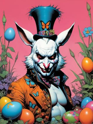 white rabbit with many baby rabbits, Easter theme, Horror Comics style, art by brom, tattoo by ed hardy, shaved hair, neck tattoos andy warhol, mad hatter top hat, heavily muscled, biceps,glam gore, horror, white rabbit, rabbit hole,  demonic, hell visions, demonic women, military poster style, chequer board, vogue easter bunny portrait, Horror Comics style, art by brom, smiling, tongue out, poking tongue at viewer, lennon sunglasses, rabbit ears, rabbit nose, rabbit fur, punk hairdo, tattoo by ed hardy, shaved hair, playboy bunny outfit, bunny tail, neck tattoos by andy warhol, heavily muscled, biceps, glam gore, horror, poster style, flower garden, Easter eggs, coloured foil, oversized monarch butterflies, tropical fish, flower garden,