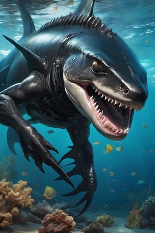 an alien shark xenomorph launches itself at a nearby victim, black shiny carapace, drool, motion blur, underwater scene 