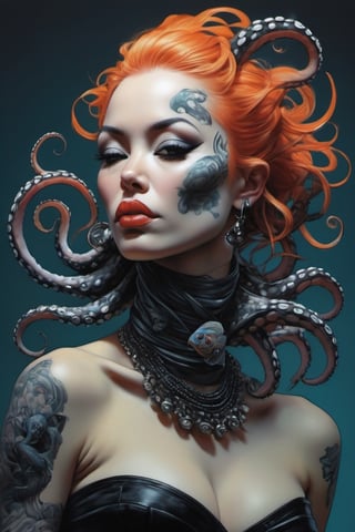 oversized monarch butterflies, goldfish, (((black and white striped octopus wrapping around the ladies neck))) , Horror Comics style, art by brom, tattoo by ed hardy, shaved hair, neck tattoos by andy warhol, heavily muscled, biceps, glam gore, horror, poster style, underwater picture , Angel fish, 
