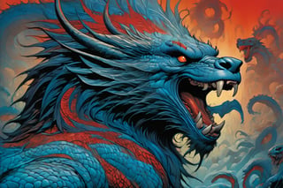 close up of the mans face, a sexy black african mans arm and shoulder, man is staring screaming at the viewer, raging, long hair, the arm and shoulder are covered in a very detailed intricate red and blue dragon tattoo that is protruding outfrom the skin, coming alive, its screaming, scratching, similar to dragon tattoo by Boris Vallejo, slowly you see the small dragon tattoo in parts is coming out of the skin and becoming a real version of the tattoo, sticking out, scales, extended claws, spit, spittle, blood drops, 16K, movie still, cinematic, ,omatsuri,DonMn1ghtm4reXL,DonMWr41thXL ,potma style,monster,retropunk style,Starship,zj,oni style