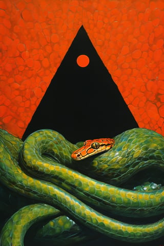  art by simon bisley, art by Brom, art by ralph steadman, art by gustav klimt, a slithering poisonous snake in a tropical jungle, resplendant in colour and intricate detail,  a masterpiece, realistic,  The artwork is a masterpiece, boasting incredible detail and a sense of depth that pulls the viewer in.