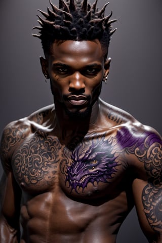 An sexy black african mans arm and shoulder, telephoto lens shot, man is sstaring straight out to the viewer, a wry smile on his face, the arm and shoulder are covered in a very detailed intricate dark purple, whie, black dragon tattoo that is protruding outfrom the skin, coming alive, its screaming, scratching, similar to dragon tattoo by Boris Vallejo, slowly you see the small dragon tattoo in parts is coming out of the skin and becoming a real version of the tattoo, sticking out, scales, extended claws, 16K, movie still, cinematic, 