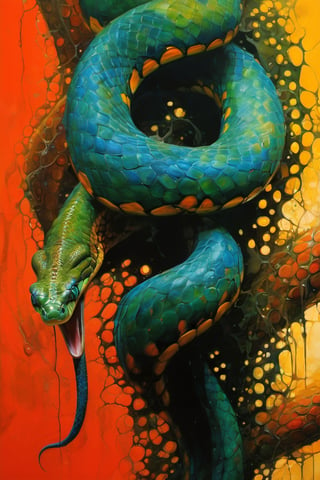  art by simon bisley, art by Brom, art by ralph steadman, art by gustav klimt, a slithering poisonous snake in a tropical jungle, resplendant in colour and intricate detail,  a masterpiece, realistic,  The artwork is a masterpiece, boasting incredible detail and a sense of depth that pulls the viewer in.