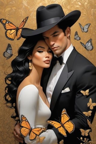 vogue cover art, black n white and gold kiss,  Horror Comics style, art by Klimt , art by glen Keane, smiling, gold transparent aviator sunglasses, fedora hat, heavily muscled, biceps, glam gore, horror, poster style, flower garden, ((Easter eggs, oversized monarch butterflies, tropical fish, flower garden))