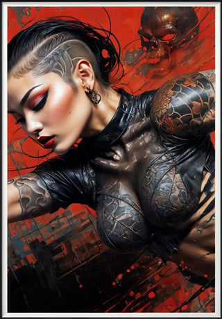 hell poster, manga style, an oil painting, a masterpiece, art by TavitaNiko, art by Vallejo, art by Klimt , art by giger, tattoo by ed hardy, shaved hair, neck tattoos andy warhol, heavily muscled, biceps,glam gore, horror, demonic, hell visions, demonic women, military poster style, asian art, chequer board,