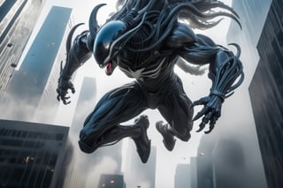 an alien superhero xenomorph launches itself at a nearby victim, superman, motion blur, city skyscrapers, cinematic wide shot,