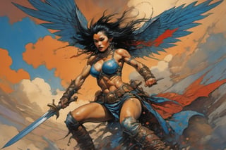 heaven poster, a warrior women, hair is wind blown, huge wings on her back, dramatic blue sky and angry lightening clouds behind her, long battle sword in her right hand, blood dripping from the sword, manga style, an oil painting, a masterpiece, art by TavitaNiko, art by Vallejo, art by Klimt , art by brom, tattoo by ed hardy, shaved hair, neck tattoos andy warhol, heavily muscled, biceps,glam gore, horror, demonic, hell visions, demonic women, military poster style, asian art, chequer board,