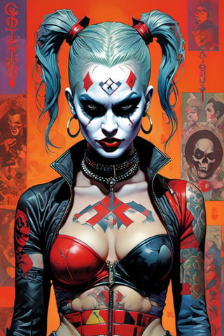  HarleyQuinn ,Horror Comics style, art by brom, tattoo by ed hardy, shaved hair, neck tattoos andy warhol, heavily muscled, biceps,glam gore, horror, demonic, hell visions, demonic women, military poster style, asian art, chequer board