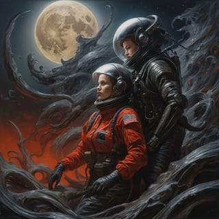 battle between enemies at night, two full moons in the sky, xenomorph, moonlight, intense shadows, dripping blood and sweat, drooling, mess, fighting with military astronauts in red spacesuits, oil portrait, work by H.R. Giger, masterpiece, hyperrealistic oil painting, 18 mm wide angle lens, f2. 8, motion blur for one full second, intense glare, dark shadows, hyperrealistic, masterpiece, 8k,